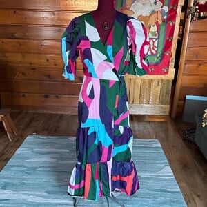 HUTCH Vibrant Multicolor Midi Wrap Dress